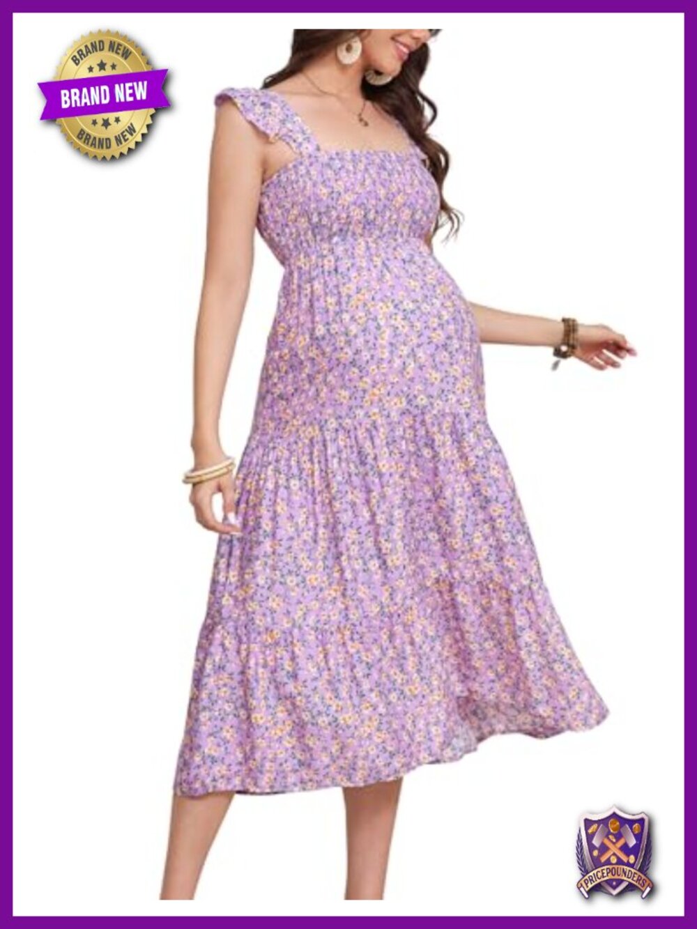 Maternity Dress Summer Sleeveless Smocked Square Neck Ruffle Boho Midi Dress